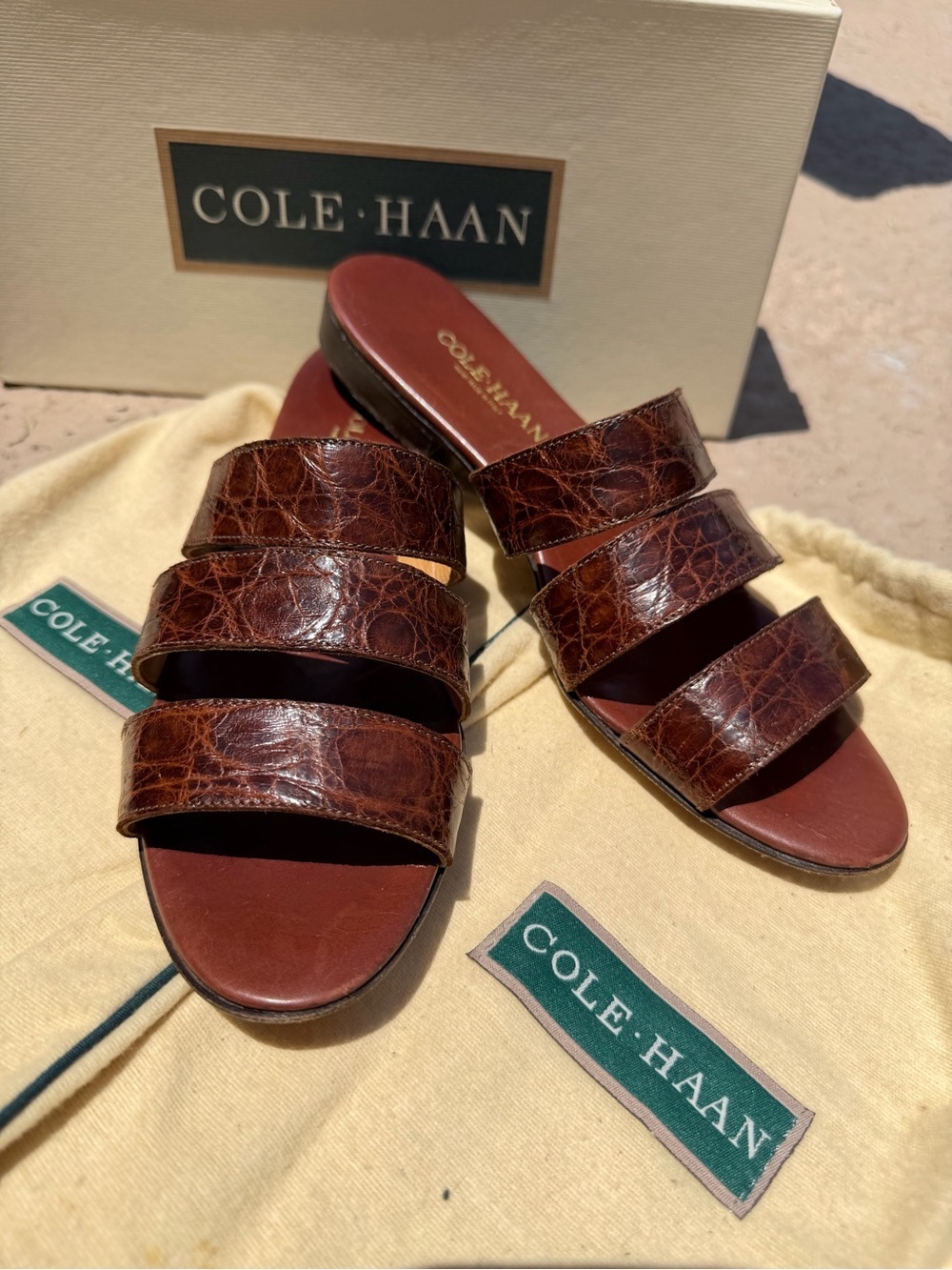 Cole Haan Melina Brown Croc Embossed Leather Sandals Size 8AA Made in Italy